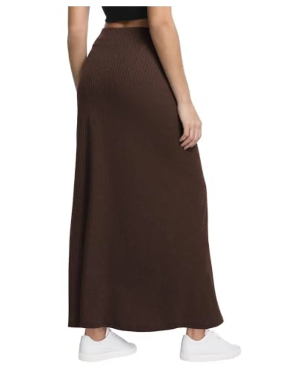 High Waist A-Line Maxi Skirt Ribbed Knit Long Flowy